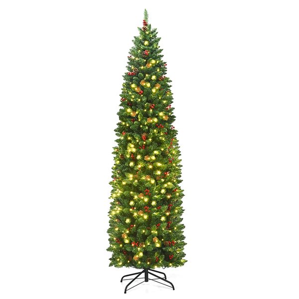 Costway 7.5-ft Pre-Lit Hinged Pencil Christmas Tree with Pine Cones Red  Berries and 350 Lights CM22855US