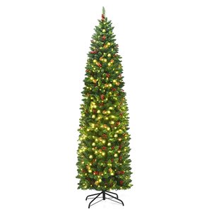 Costway 7.5-ft Pre-Lit Hinged Pencil Christmas Tree with Pine Cones Red Berries and 350 Lights
