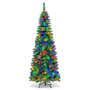 Costway 6.5-ft Pre-Lit Hinged Artificial Pencil Christmas Tree with 250 Multicolour Lights