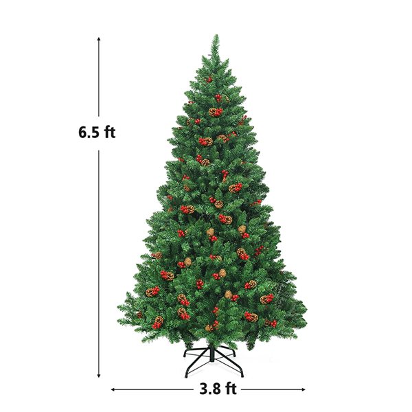 Costway 6.5-ft Pre-Lit Hinged Christmas Tree with Pine Cones Red Berries and 450 LED Lights