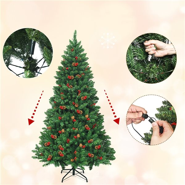 Costway 6.5-ft Pre-Lit Hinged Christmas Tree with Pine Cones Red Berries and 450 LED Lights