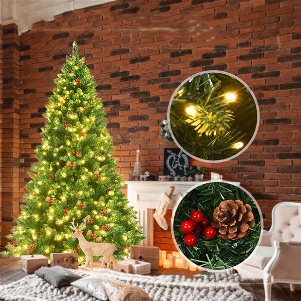 Costway 6.5-ft Pre-Lit Hinged Christmas Tree with Pine Cones Red Berries and 450 LED Lights