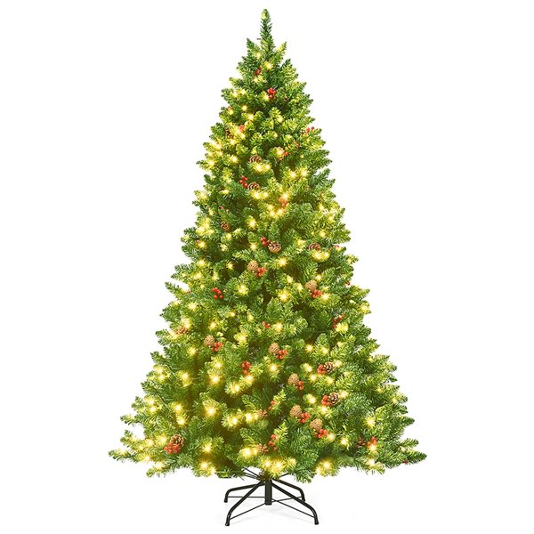 Costway 6.5-ft Pre-Lit Hinged Christmas Tree with Pine Cones Red Berries and 450 LED Lights