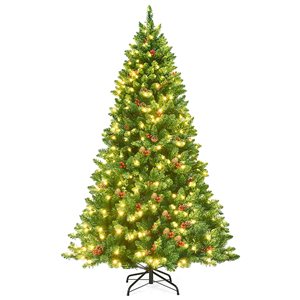 Costway 6.5-ft Pre-Lit Hinged Christmas Tree with Pine Cones Red Berries and 450 LED Lights