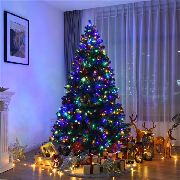 Costway 7.5-ft Pre-Lit Artificial Christmas Tree Hinged with 550 Multicolour Lights and Stand