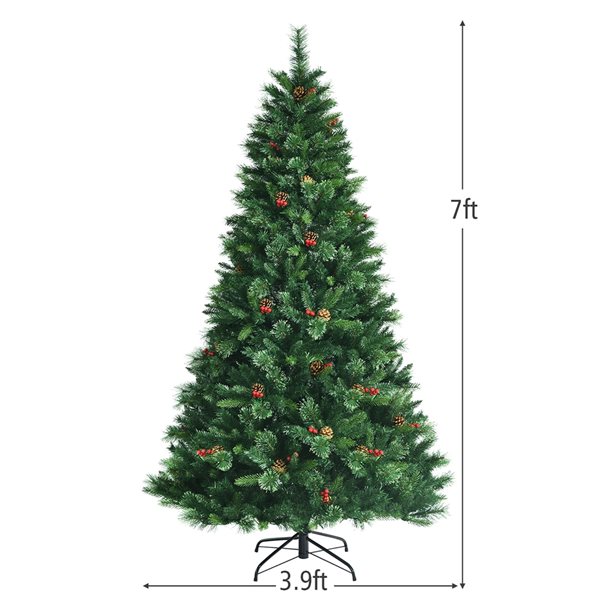 Costway 7-ft Pre-Lit Hinged Artificial Christmas Tree with Pine Cones and Red Berries