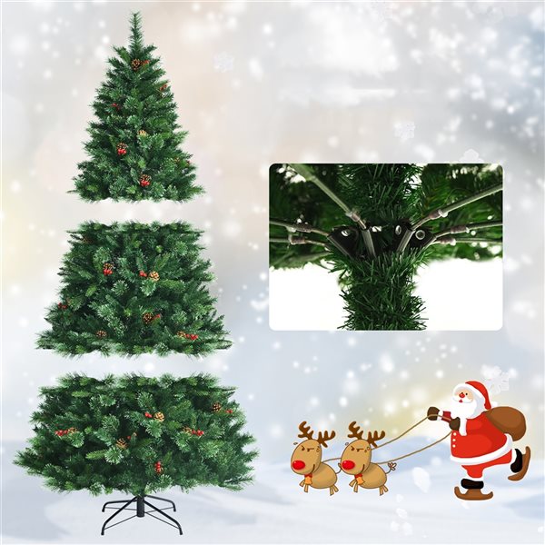 Costway 7-ft Pre-Lit Hinged Artificial Christmas Tree with Pine Cones and Red Berries