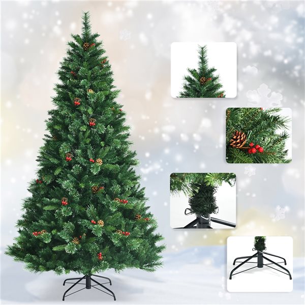 Costway 7-ft Pre-Lit Hinged Artificial Christmas Tree with Pine Cones and Red Berries