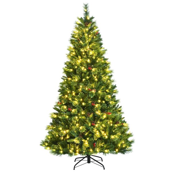 Costway 7-ft Pre-Lit Hinged Artificial Christmas Tree with Pine Cones and Red Berries