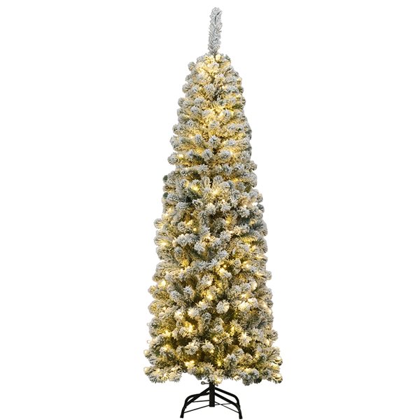 Costway 6-ft Pre-Lit Snow Flocked Artificial Pencil Christmas Pine Tree ...