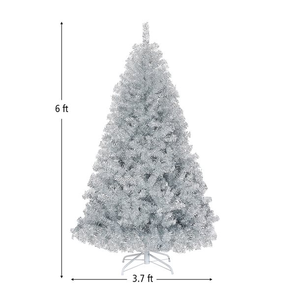 Costway 6-ft Hinged Unlit Artificial Silver Tinsel Christmas Tree Holiday with Metal Stand