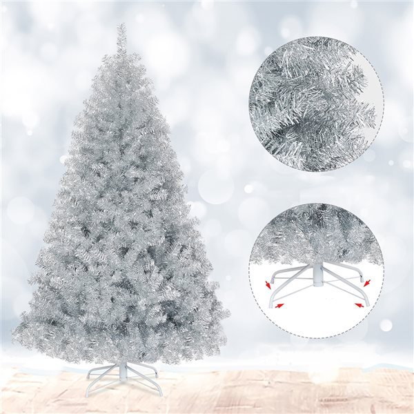 Costway 6-ft Hinged Unlit Artificial Silver Tinsel Christmas Tree Holiday with Metal Stand