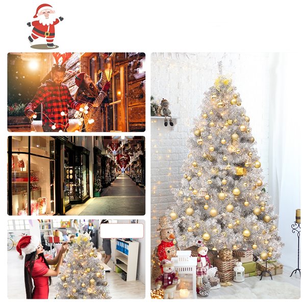 Costway 6-ft Hinged Unlit Artificial Silver Tinsel Christmas Tree Holiday with Metal Stand