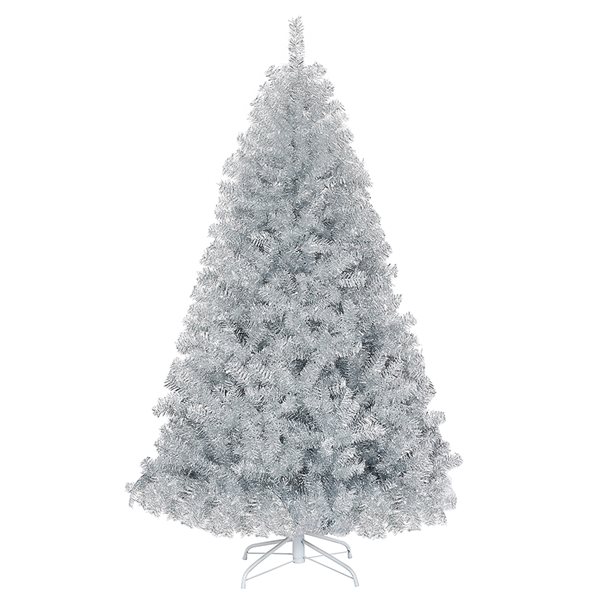 Costway 6-ft Hinged Unlit Artificial Silver Tinsel Christmas Tree Holiday with Metal Stand