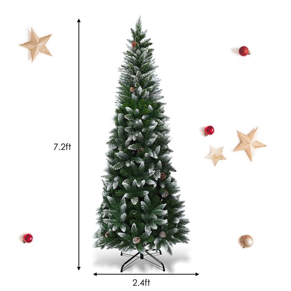 Costway 7.5-ft Snow Flocked Unlit Artificial Pencil Christmas Tree Hinged with Pine Cones