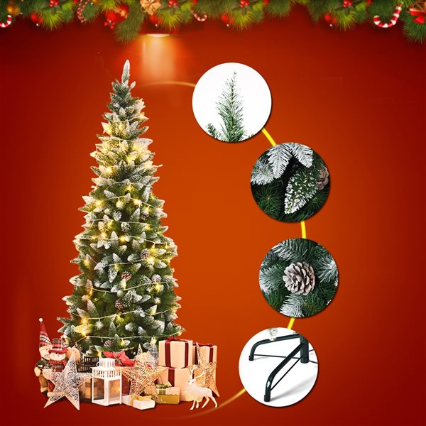 Costway 7.5-ft Snow Flocked Unlit Artificial Pencil Christmas Tree Hinged with Pine Cones