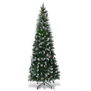 Costway 7.5-ft Snow Flocked Unlit Artificial Pencil Christmas Tree Hinged with Pine Cones
