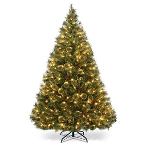Costway 6-ft Pre-Lit PVC Artificial Carolina Pine Tree Flocked Cones Hinged with LED Lights
