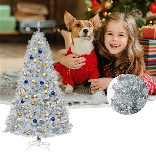 Costway 7.5-ft Hinged Unlit Artificial Silver Tinsel Christmas Tree ...