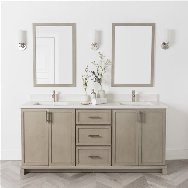 Meuble-lavabo Aspen de 72 po double avec comptoir en quartz de Carrare par Tenor