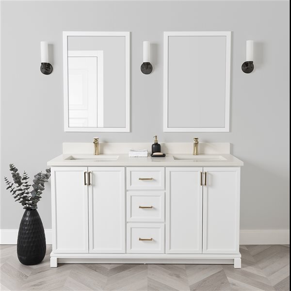 Meuble-lavabo blanc de 60 po double avec comptoir en quartz nacré par Tenor