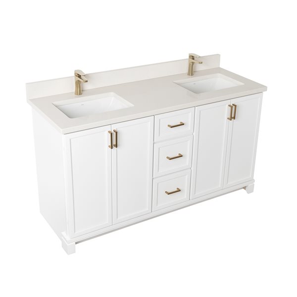 Meuble-lavabo blanc de 60 po double avec comptoir en quartz nacré par Tenor