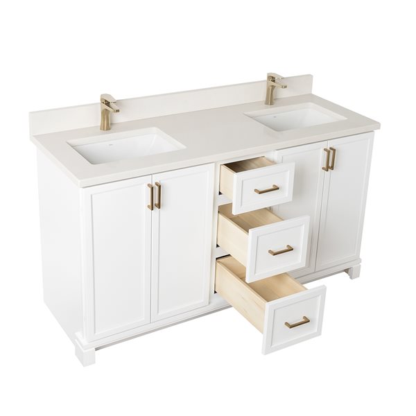 Meuble-lavabo blanc de 60 po double avec comptoir en quartz nacré par Tenor