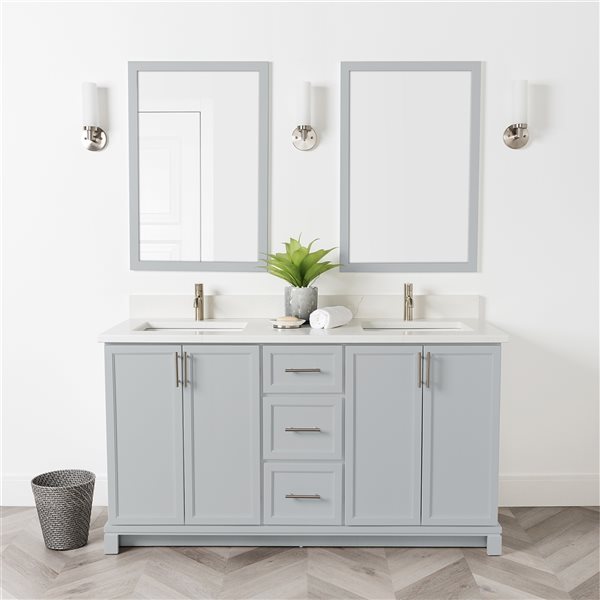 Meuble-lavabo gris havre de 60 po double avec comptoir en quartz de Carrare par Tenor