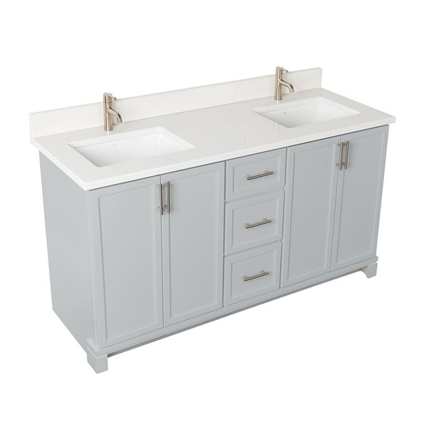 Meuble-lavabo gris havre de 60 po double avec comptoir en quartz de Carrare par Tenor