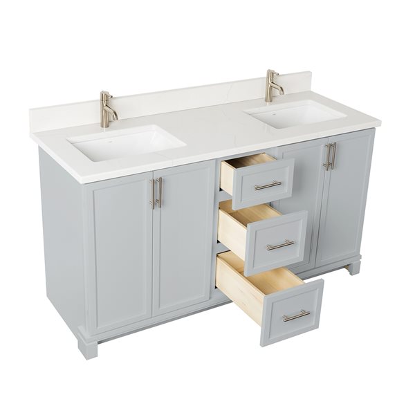 Meuble-lavabo gris havre de 60 po double avec comptoir en quartz de Carrare par Tenor