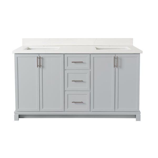 Meuble-lavabo gris havre de 60 po double avec comptoir en quartz de Carrare par Tenor