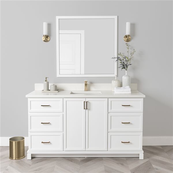 Meuble-lavabo blanc de 60 po simple avec comptoir en quartz de Carrare par Tenor