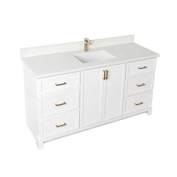 Meuble-lavabo blanc de 60 po simple avec comptoir en quartz de Carrare par Tenor