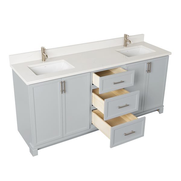 Meuble-lavabo gris havre de 72 po double avec comptoir en quartz de Carrare par Tenor