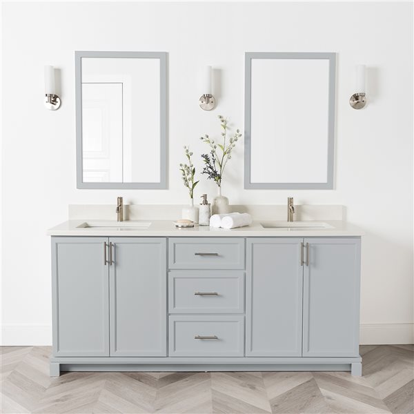 Meuble-lavabo gris havre de 72 po double avec comptoir en quartz nacré par Tenor