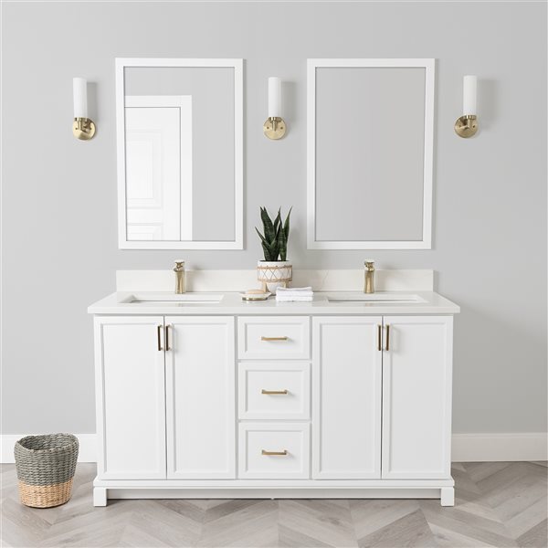 Meuble-lavabo blanc de 60 po double avec comptoir en quartz de Carrare par Tenor