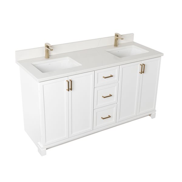 Meuble-lavabo blanc de 60 po double avec comptoir en quartz de Carrare par Tenor