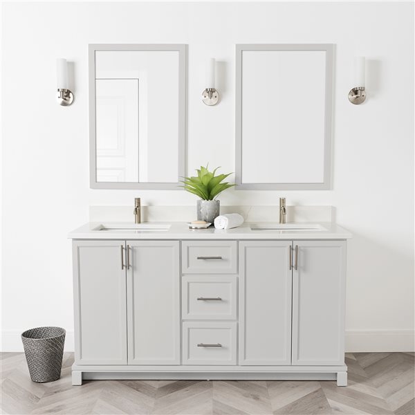 Meuble-lavabo gris pâle de 60 po double avec comptoir en quartz de Carrare par Tenor