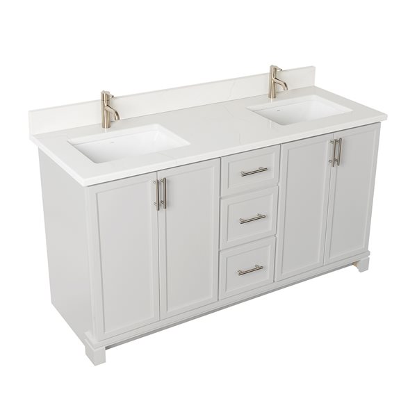 Meuble-lavabo gris pâle de 60 po double avec comptoir en quartz de Carrare par Tenor