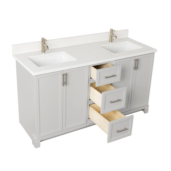 Meuble-lavabo gris pâle de 60 po double avec comptoir en quartz de Carrare par Tenor