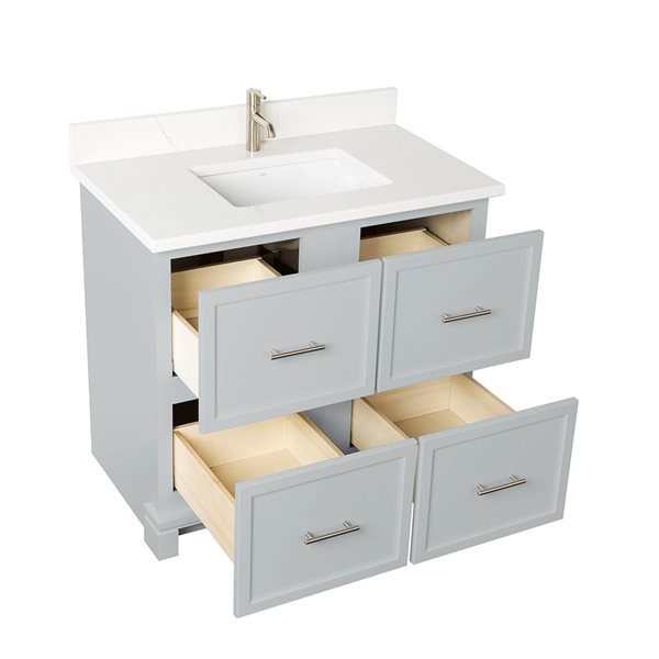 Meuble-lavabo de 36 po en gris havre avec comptoir en quartz de Carrare par Tenor