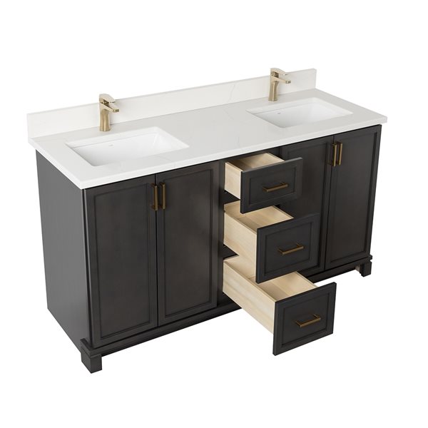 Meuble-lavabo Tofino de 60 po double avec comptoir en quartz de Carrare par Tenor par Tenor