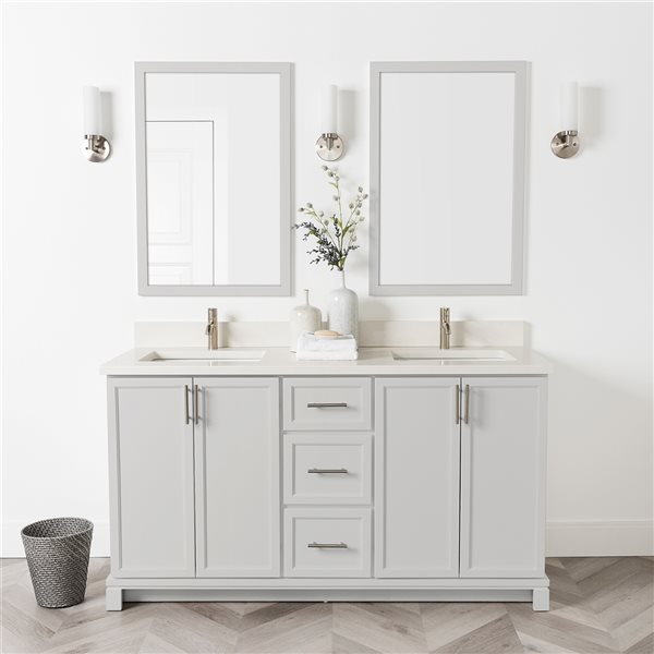 Meuble-lavabo gris pâle de 60 po double avec comptoir en quartz nacré par Tenor