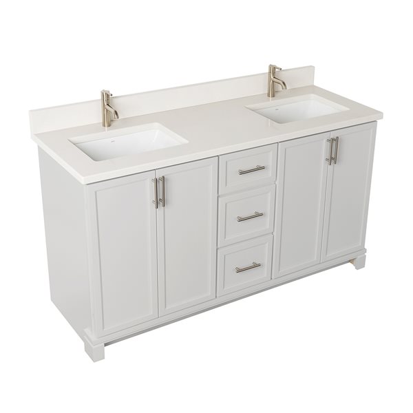 Meuble-lavabo gris pâle de 60 po double avec comptoir en quartz nacré par Tenor