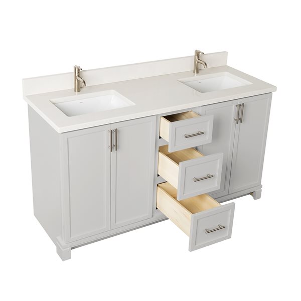 Meuble-lavabo gris pâle de 60 po double avec comptoir en quartz nacré par Tenor