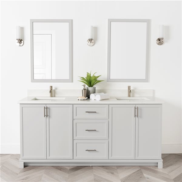 Meuble-lavabo gris pâle de 72 po double, dessus en quartz de Carrare par Tenor