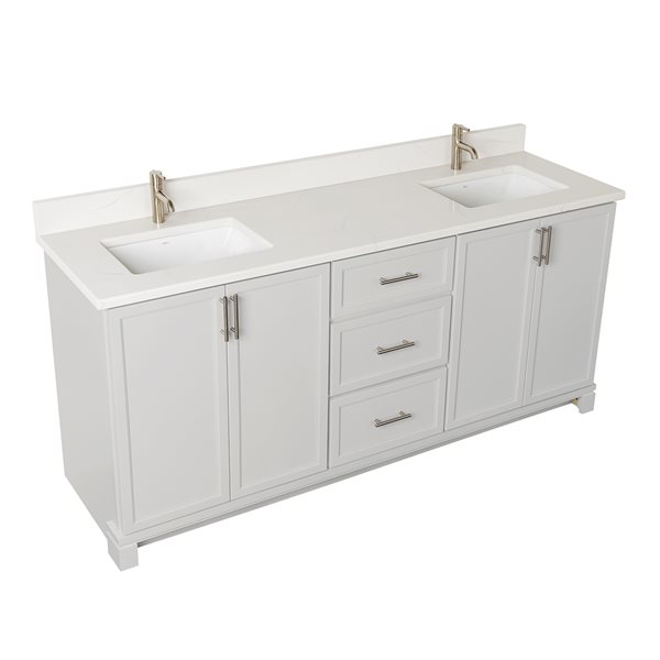 Meuble-lavabo gris pâle de 72 po double, dessus en quartz de Carrare par Tenor