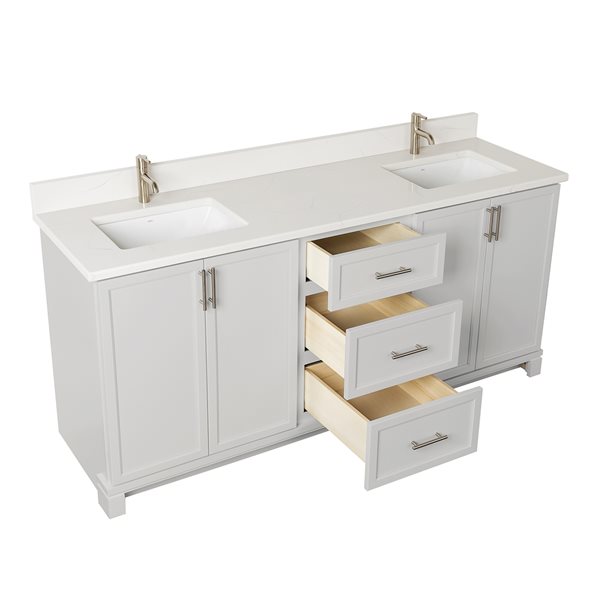 Meuble-lavabo gris pâle de 72 po double, dessus en quartz de Carrare par Tenor