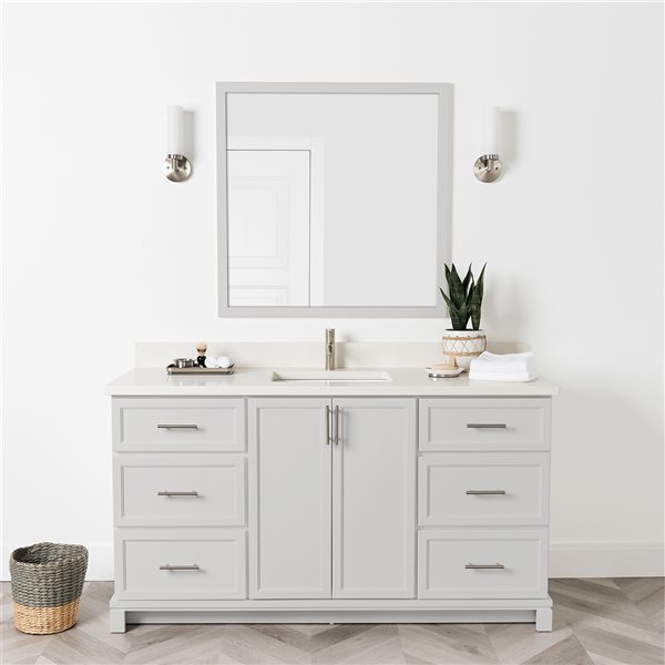 Meuble-lavabo gris pâle de 60 po simple avec comptoir en quartz nacré par Tenor