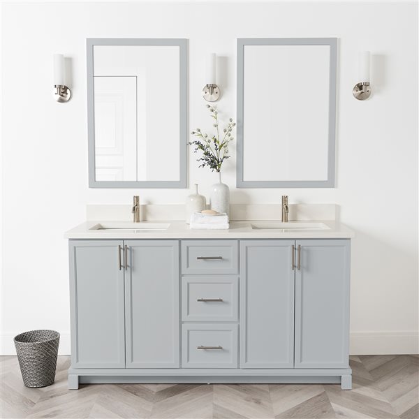 Meuble-lavabo gris havre de 60 po double avec comptoir en quartz nacré par Tenor